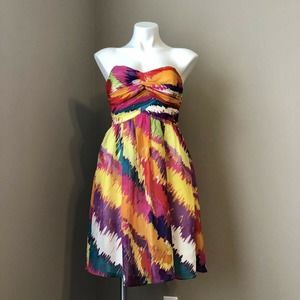 Shoshanna Strapless Dress Silk Multicolor Lined Boned Bodice Back Zip Si…